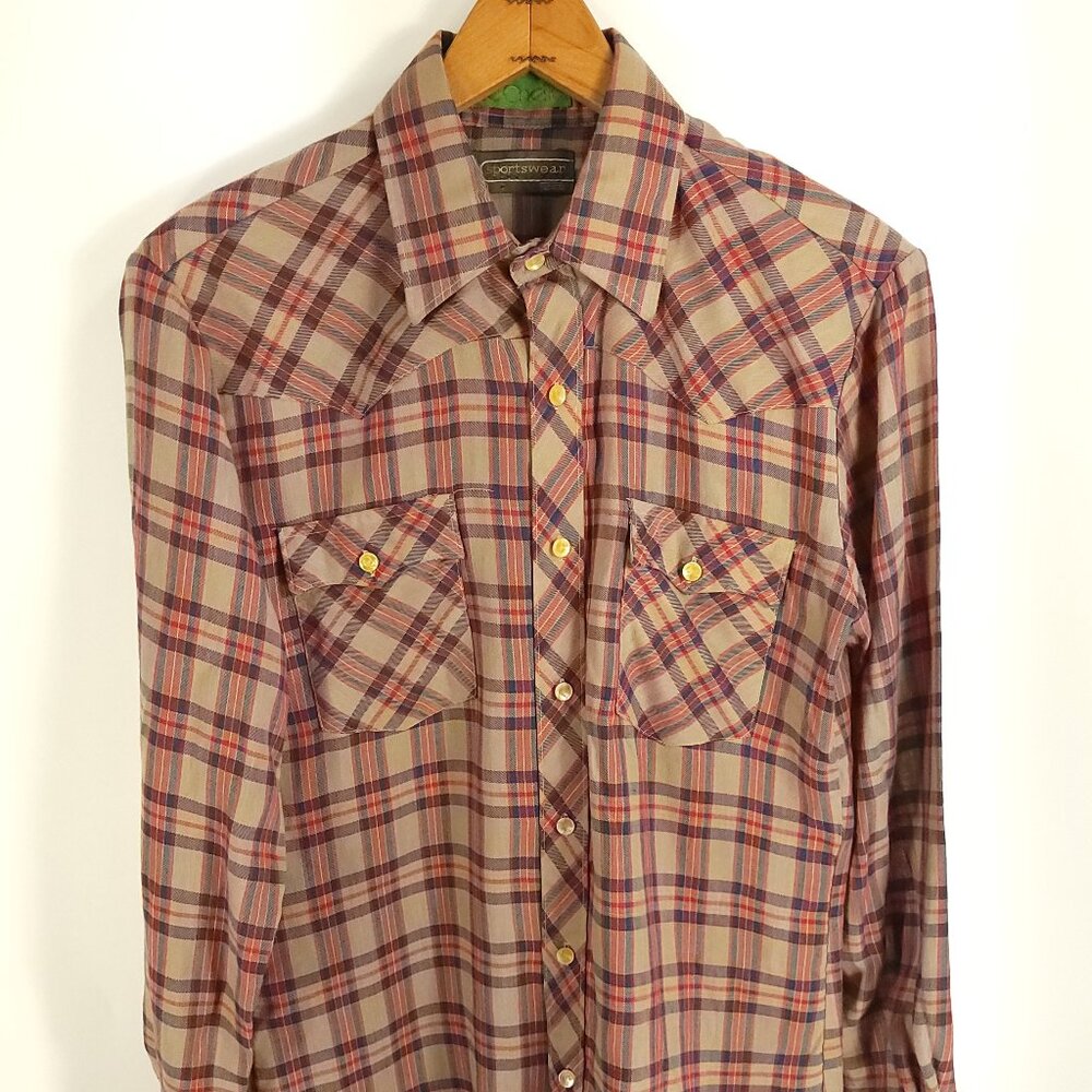 Vtg Sears Sportswear Shirt Men's Med Tan Red Blue Plaid La Chella Button Front